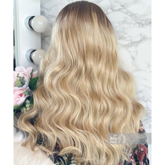 Dark Roots Creamy Blonde Natural Ombre Wavy Lace Front Wig | Virginia - Picture 3 of 13